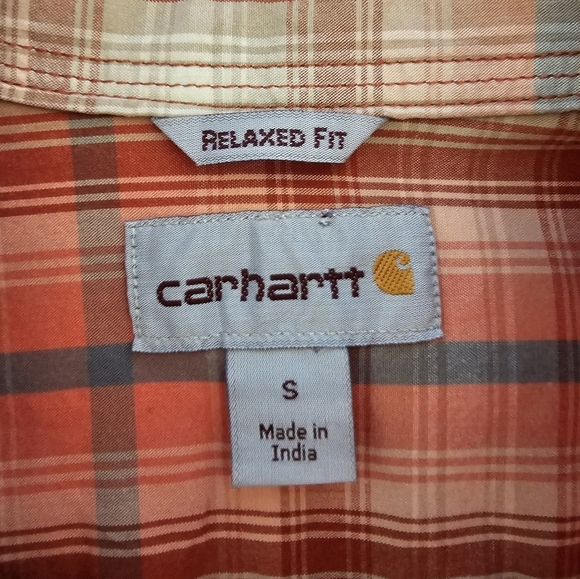 Men's Carhartt S Plaid Shirt - Orange and White Button Up Long Sleeve - Picture 5 of 7